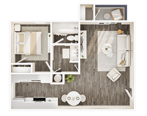Floor plan for 1 bed, 1 bath, 751 sqft